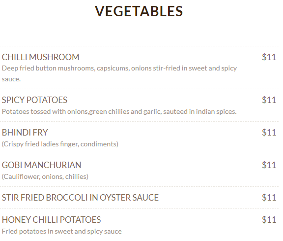 Foresta Restaurant Vegetables Menu 