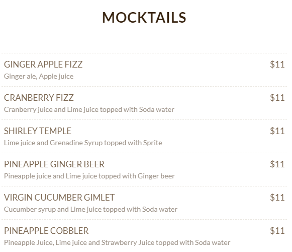 Mocktails Menu