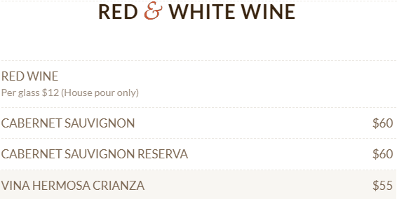 Red & White Wine Menu