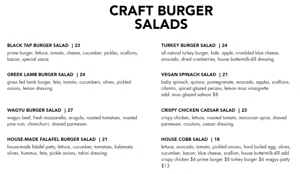 Black Tap Craft Burgers Salads Menu