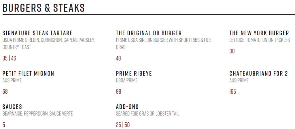 DB Bistro & Oyster Bar Burgers Menu