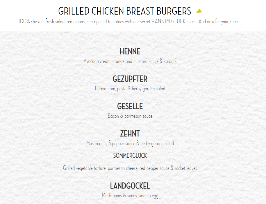 Hans im Glück Grilled Chicken Breast Burgers Menu