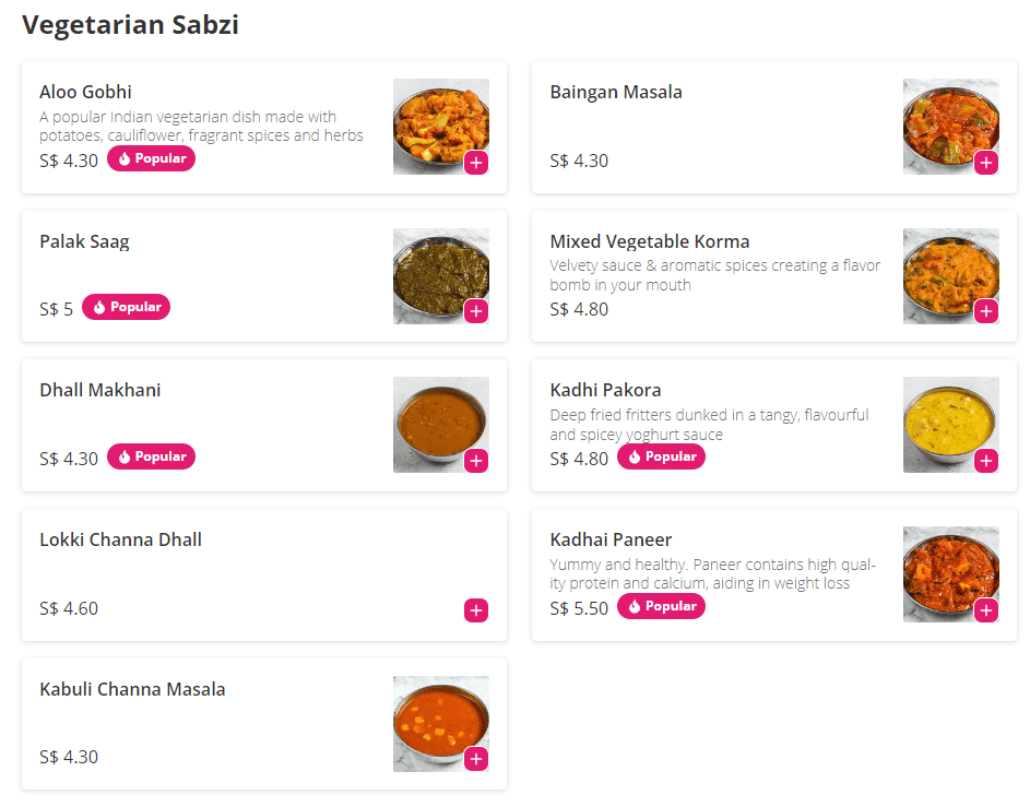 Jaggi's Northern Indian Cuisine Vegetarian Sabzi Menu