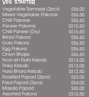 Khansama Vegetarian Starters Price