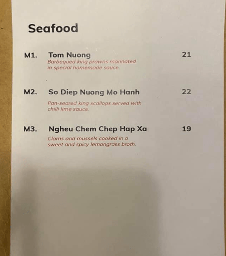 Moc Quan Seafood Menu