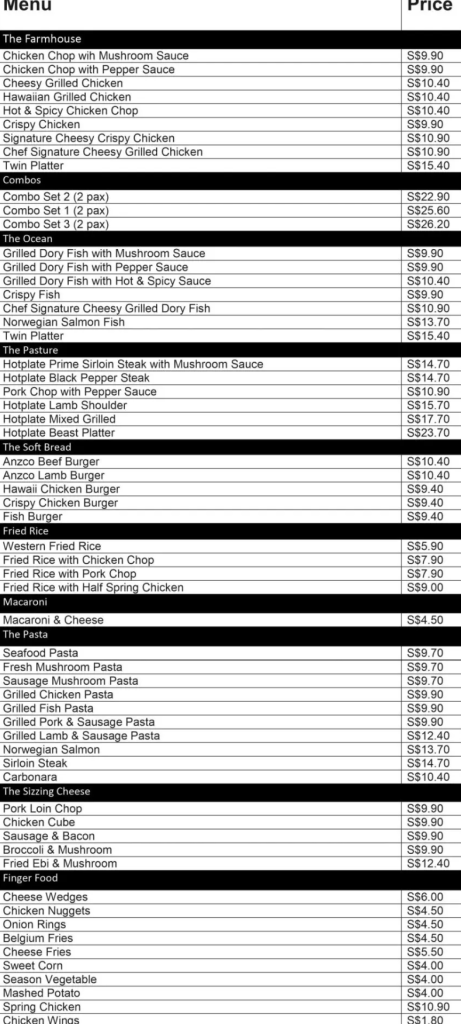 Chop menu and price list