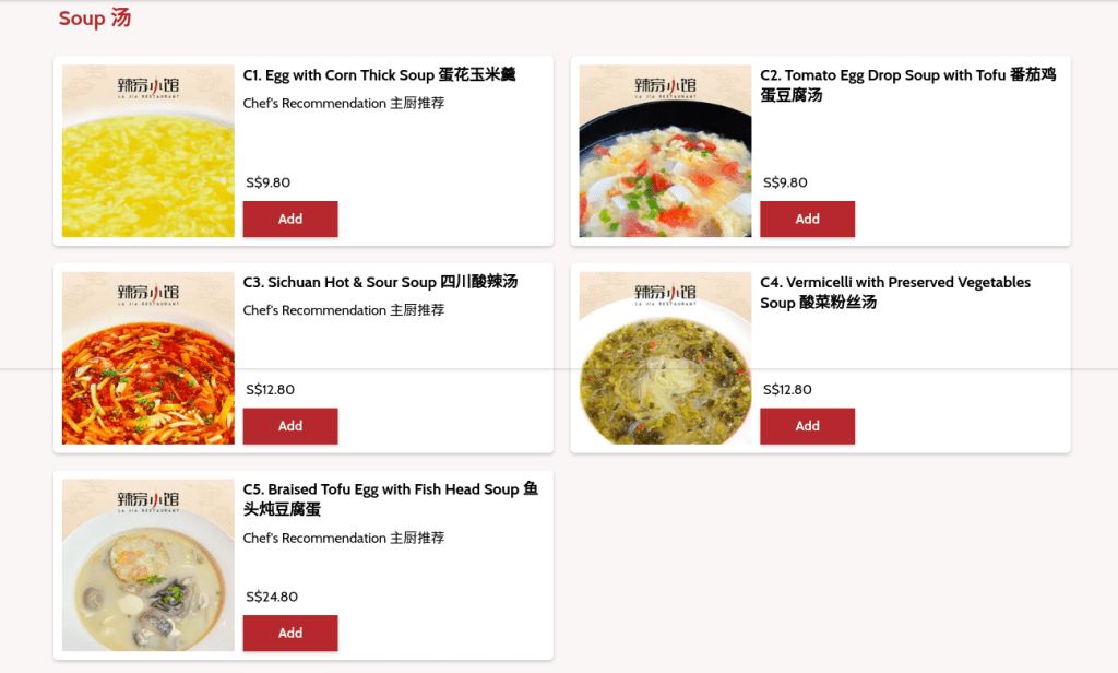 La Jia  Restaurant Menu Singapore Price List
