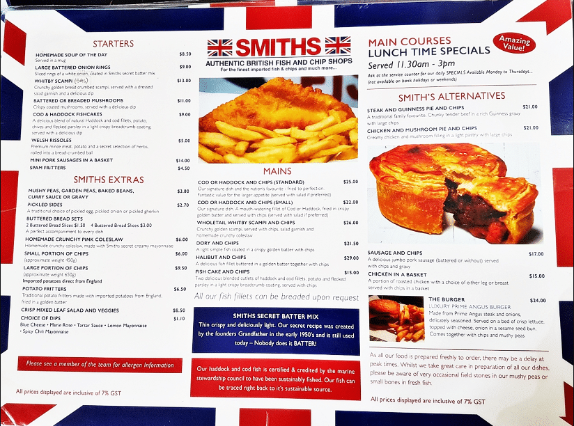 Smith’s Fish and Chips Menu Singapore List