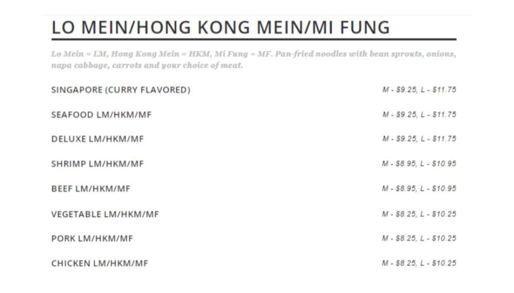 Lucky’s Kitchen Menu - Lo Mein/Hong Kong Mein/Mi Fung