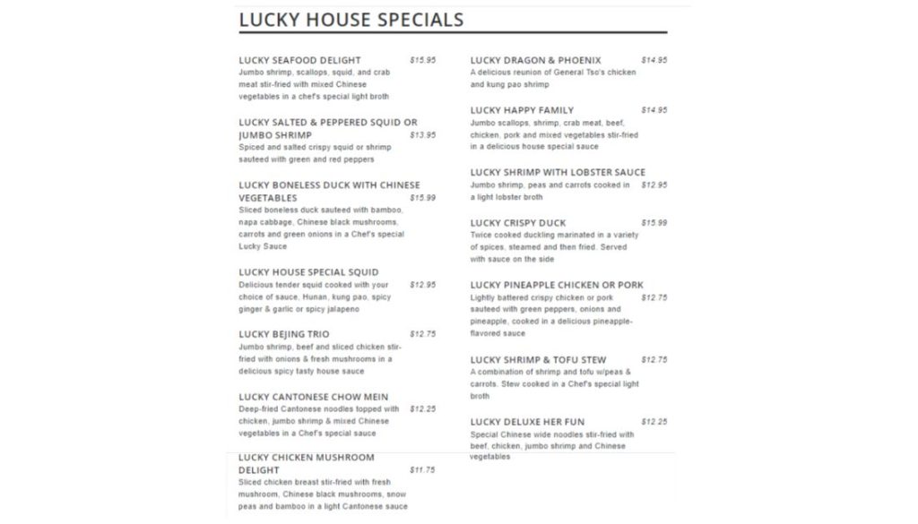 Lucky Kitchen Menu - Lucky House Specials